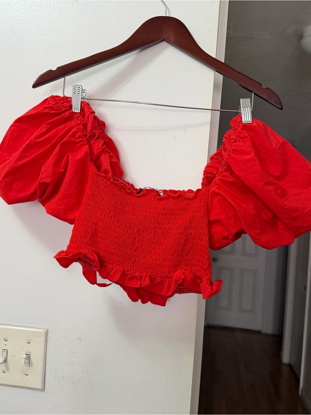 Zara Red Puff-Sleeve Smocked Crop Top